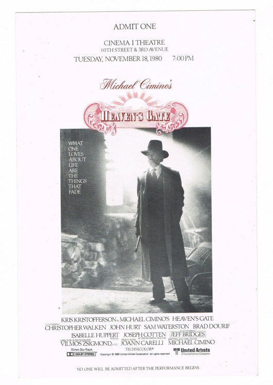 AN ORIGINAL LARGE FORMAT ILLUSTRATED TICKET FOR THE PREVIEW SHOWING OF MICHAEL CIMINO'S MUCH MALIGNED MASTERPIECE 