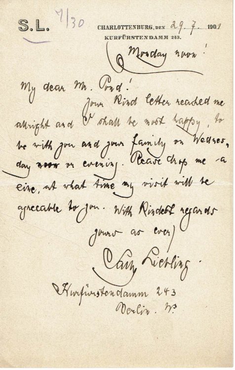 TWO AUTOGRAPH LETTERS SIGNED BY GERMAN PIANIST SALLY [SALOMON] LIEBLING ABOUT MASCAGNI AND A THIRTEEN-YEAR-OLD GIRL PIANIST WHO HAS CREATED A SENSATION IN BERLIN.