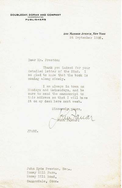 TYPED LETTER TO JOHN HYDE PRESTON SIGNED BY PUBLISHER JOHN C. FARRAR REFERRING TO PRESTON'S "A GENTLEMAN REBEL: THE EXPLOITS OF ANTHONY WAYNE".