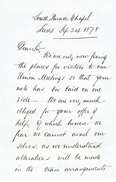 AUTOGRAPH LETTER SIGNED BY THE REV. GEORGE HILL, PASTOR OF THE LEEDS, SOUTH PARADE BAPTIST CHURCH, SENDING THANKS FOR AN OFFER OF HELP WHICH HE CANNOT ACCEPT.