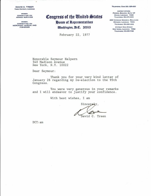 TYPED LETTER SIGNED BY DAVID C. TREEN, THE FIRST REPUBLICAN GOVERNOR OF LOUISIANA SINCE RECONSTRUCTION, SENDING THANKS TO CONGRESSMAN SEYMOUR HALPERN.