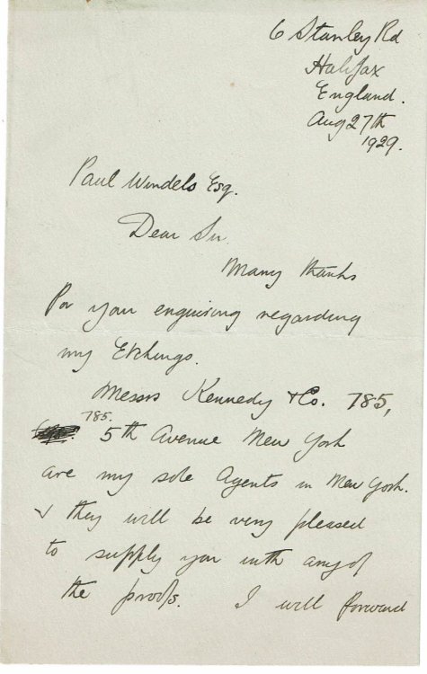 AUTOGRAPH LETTER TO PAUL WINDELS SIGNED BY HALIFAX ETCHER AND ILLUSTRATOR JACK HEWER ABOUT THE AVAILABILITY OF HIS ETCHINGS.