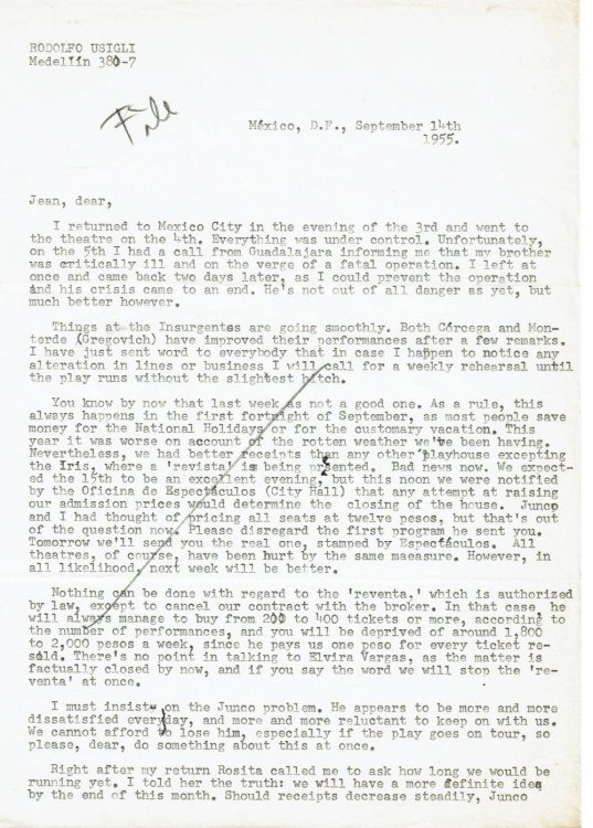 A SIGNIFICANT CORRESPONDENCE BETWEEN MEXICAN PLAYWRIGHT RODOLFO USIGLI & American Producer JEAN DALRYMPLE, regarding Mexican & Spanish productions of 