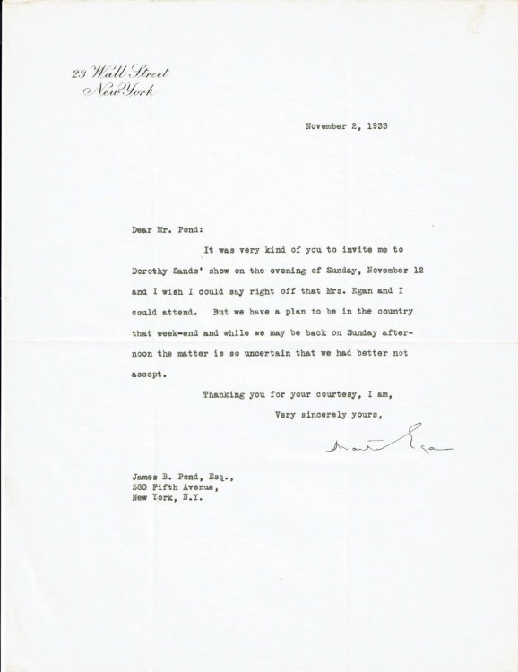 TYPED LETTER TO JAMES B. POND SIGNED BY MARTIN EGAN, AMERICAN WAR CORRESPONDENT AND LONGTIME STAFF MEMBER OF J. P. MORGAN & CO.