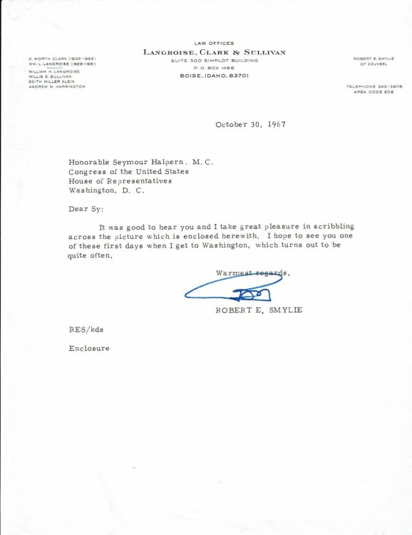 TYPED LETTER SIGNED BY ROBERT E. SMYLIE, 24TH GOVERNOR OF IDAHO, SENDING CONGRESSMAN SEYMOUR HALPERN A SIGNED PHOTOGRAPH.