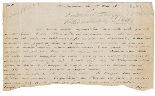 A SUBSTANTIAL FRAGMENT from an AUTOGRAPH LETTER or JOURNAL penned by PRINCE FERDINAND PHILIPPE OF ORLEANS from Mostagenem, Algeria during the period of France's African Campaign and conquest of Algeria.