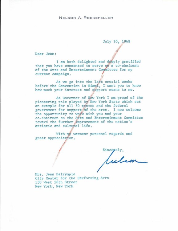TYPED LETTER SIGNED BY GOVERNOR OF NEW YORK STATE NELSON A. ROCKEFELLER TO CITY CENTER PRODUCER JEAN DALRYMPLE.
