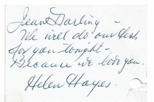 Image for AUTOGRAPH NOTE SIGNED BY HELEN HAYES TO CITY CENTER PRODUCER JEAN DALRYMPLE. AUTOGRAPH NOTE SIGNED BY HELEN HAYES TO CITY CENTER PRODUCER JEAN DALRYMPLE.