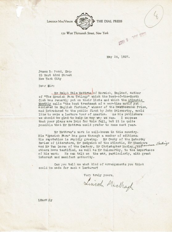 TWO TYPED LETTERS SIGNED BY SOLDIER, DIPLOMAT AND FOUNDER OF THE DIAL PRESS LINCOLN MACVEAGH, TRYING TO ARRANGE A LECTURE TOUR FOR HIS AUTHOR RALPH HALE MOTTRAM.