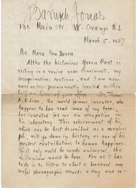 AUTOGRAPH LETTER SIGNED by the author, literary philosopher & Edison's research assistant BARUKH JONAS, addressed to MARK VAN DOREN.