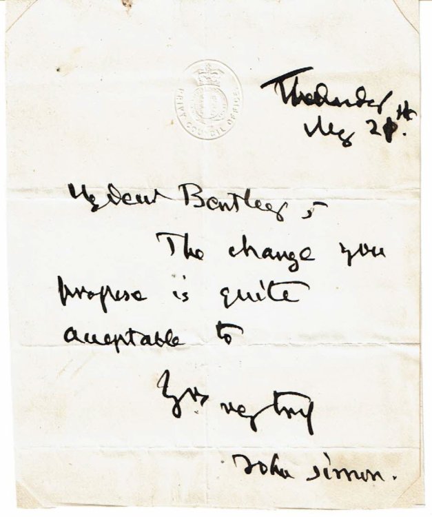 AUTOGRAPH NOTE SIGNED BY ENGLISH PATHOLOGIST AND PIONEER PUBLIC HEALTH REFORMER SIR JOHN SIMON AS A MEMBER OF THE PRIVY COUNCIL.