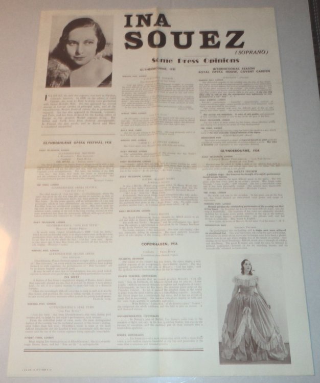 INA SOUEZ (SOPRANO) SOME PRESS OPINIONS. Glyndebourne, 1936 . International Season Royal Opera House, Covent Garden . A RARE ORIGINAL POSTER, promoting the career of the American Soprano & Jazz Singer of Cherokee heritage.