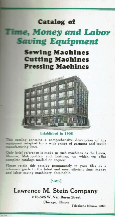CATALOG OF TIME, MONEY AND LABOR SAVING EQUIPMENT: SEWING MACHINES, CUTTING MACHINES, PRESSING MACHINES.