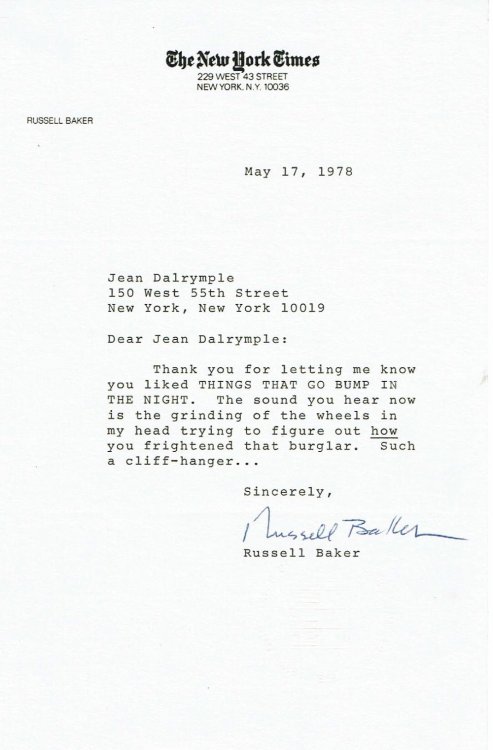 TYPED LETTER SIGNED by RUSSELL BAKER, to Jean Dalrymple, probably referring to one of his columns.