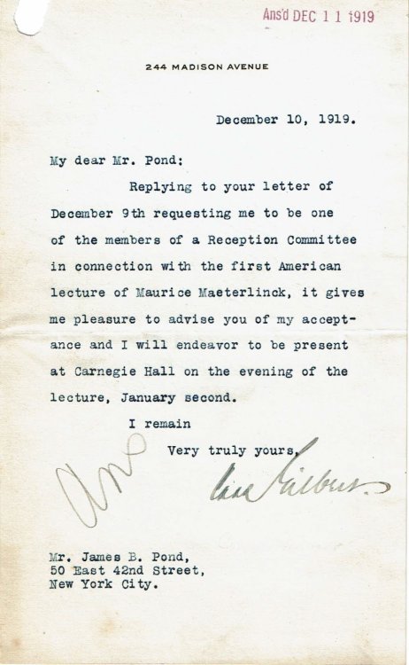 TYPED LETTER SIGNED by the prominent American architect CASS GILBERT, designer of the Woolworth Building, in reply to an invitation by James B. Pond to join his reception committee for Maeterlinck's first American lecture.