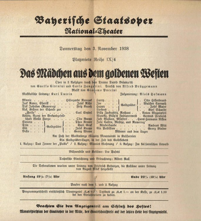 DAS MADCHEN AUS DEM GOLDENEN WESTEN. Bayerische Staatsoper National-Theater. Donnerstag den 3. November 1938. (Program).