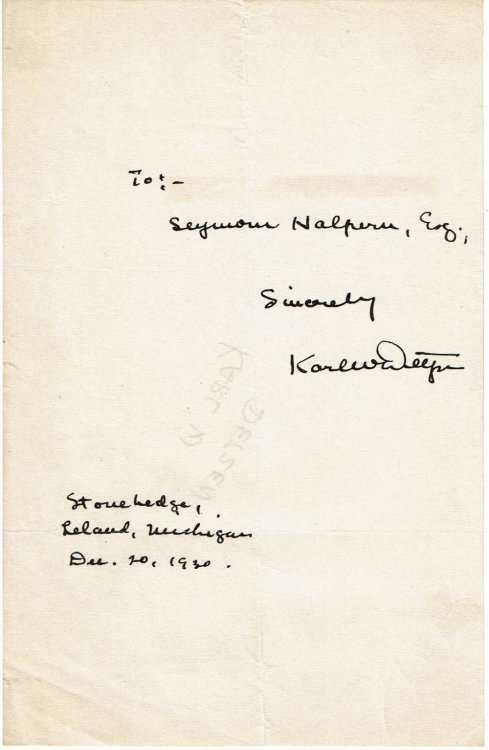 A SHEET OF NOTE PAPER INSCRIBED AND SIGNED BY JOURNALIST, AUTHOR AND EDITOR KARL DETZER.