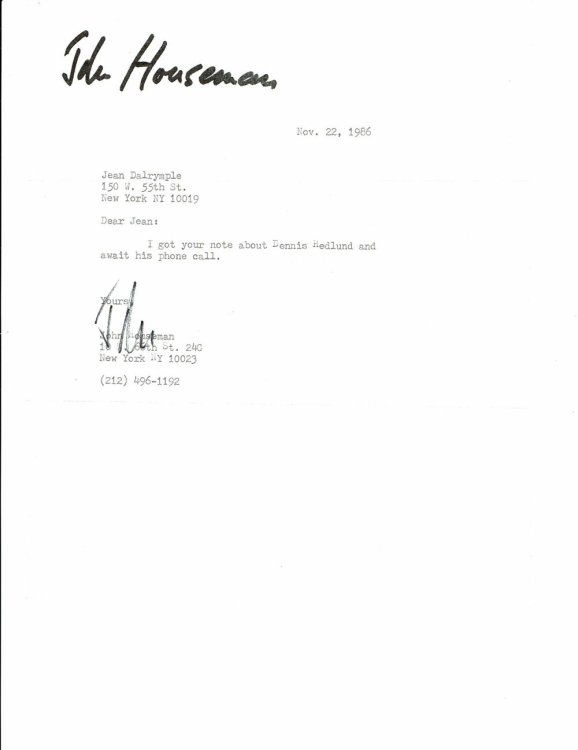 TYPED LETTER TO CITY CENTER PRODUCER JEAN DALRYMPLE SIGNED BY ACTOR AND PRODUCER JOHN HOUSEMAN.