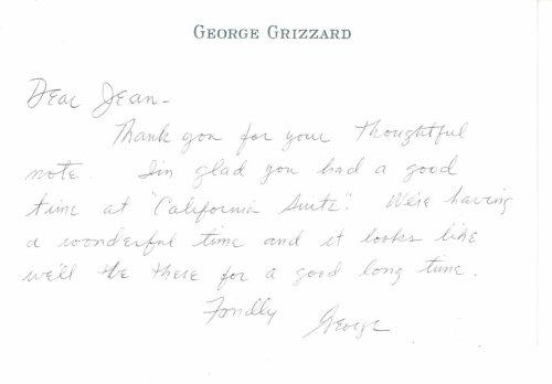 AUTOGRAPH NOTE ON A CARD TO CITY CENTER PRODUCER JEAN DALRYMPLE SIGNED BY STAGE, SCREEN AND TELEVISION ACTOR GEORGE GRIZZARD.