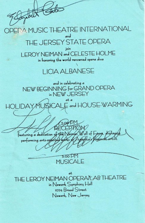 PROGRAM FOR CEREMONY HONORING ITALIAN-BORN OPERATIC SOPRANO LICIA ALBANESE SIGNED BY HER. ADDITIONALLY SIGNED BY METROPOLITAN OPERA AND VIENNA STATE OPERA STAR ELIZABETH CARTER.