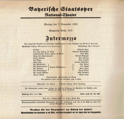 INTERMEZZO: Eine burgerliche Komodie mit sinfonischen Zwischenpieten in zwei Aufzugen von Richard Strauss. Bayerische Staatsoper. National-Theater. Montag den 7. November 1938.