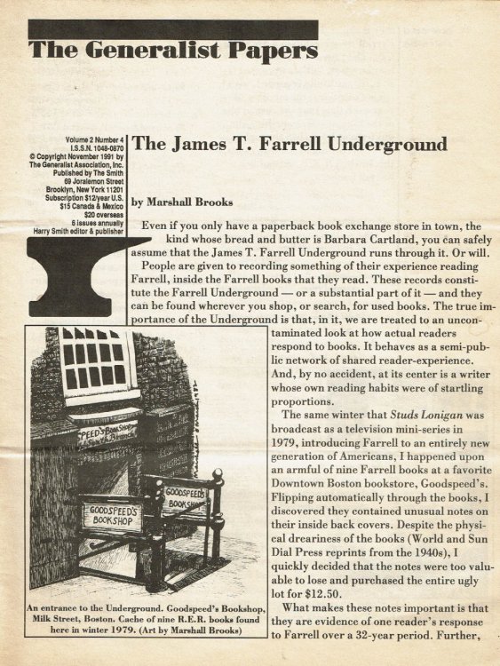 THE JAMES T. FARRELL UNDERGROUND. (In The Generalist Papers. Volume 2 Number 4. November 1991).