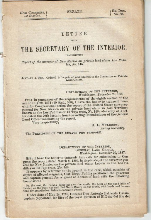 LETTER FROM THE SECRETARY OF THE INTERIOR, Transmitting Report of the surveyor of New Mexico on private land claim Los Padillas, no. 146. January 4, 1888.