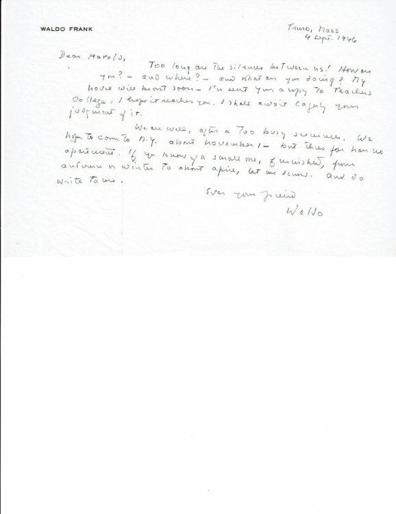 AUTOGRAPH LETTER TO EDUCATOR HAROLD RUGG SIGNED BY AMERICAN NOVELIST AND NEW YORKER WRITER WALDO FRANK ABOUT FRANK'S NEW NOVEL.