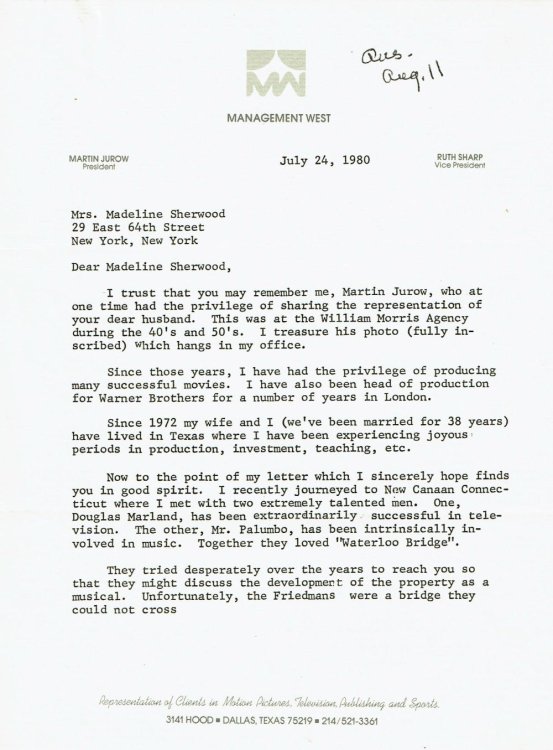 TYPED LETTER TO WIDOW OF ROBERT E. SHERWOOD SIGNED BY FILM PRODUCER MARTIN JUROW ABOUT A MUSICAL VERSION OF 'WATERLOO BRIDGE