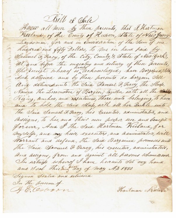 AUTOGRAPH DOCUMENT SIGNED by HARTMAN VREELAND. An original BILL OF SALE for the SLOOP 