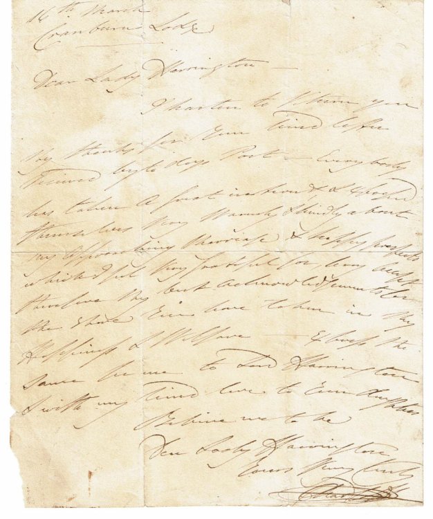 AN AUTOGRAPH LETTER SIGNED BY PRINCESS CHARLOTTE and addressed to JANE STANHOPE, COUNTESS OF HARRINGTON expressing her joy about her forthcoming marriage to Prince Leopold.