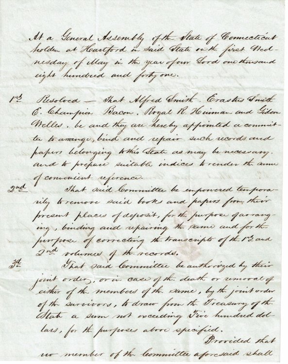 HOLOGRAPH DOCUMENT SIGNED by ROYAL HINMAN as SECRETARY OF STATE, whereas the General Assembly of the State of Connecticut appoints a committee to 