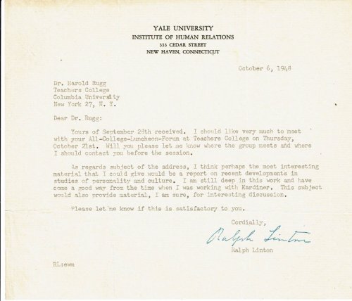 TYPED LETTER TO EDUCATOR HAROLD RUGG SIGNED BY RESPECTED AMERICAN ANTHROPOLOGIST RALPH LINTON.