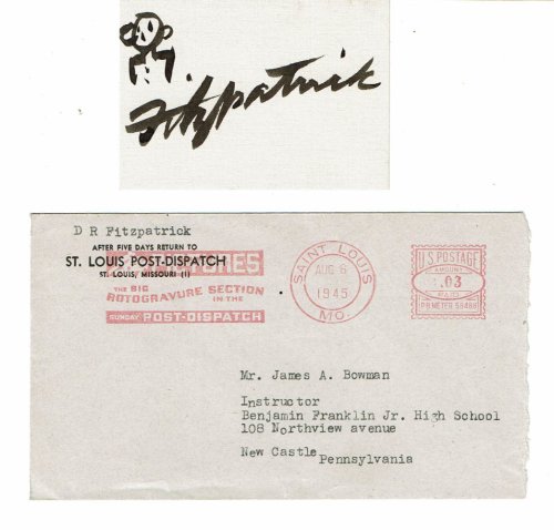 THE AUTOGRAPH of PULITZER PRIZE WINNING CARTOONIST DANIEL R. FITZPATRICK BOLDLY PENNED on a card beneath a SIMPLE STICK FIGURE SKETCH.