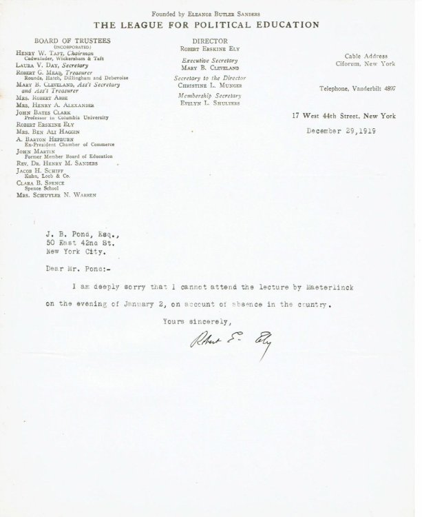 TYPED NOTE SIGNED by the director of the Town Hall League ROBERT ERSKINE ELY, regretting that he can't attend Maeterlinck's lecture.
