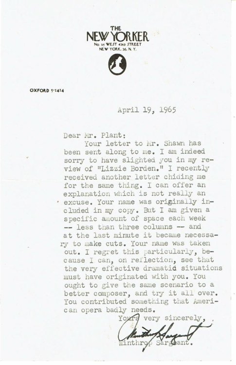 TYPED LETTER SIGNED by the American music critic & violinist WINTHROP SARGEANT on NEW YORKER STATIONERY, caustically referencing his review of the modern opera 