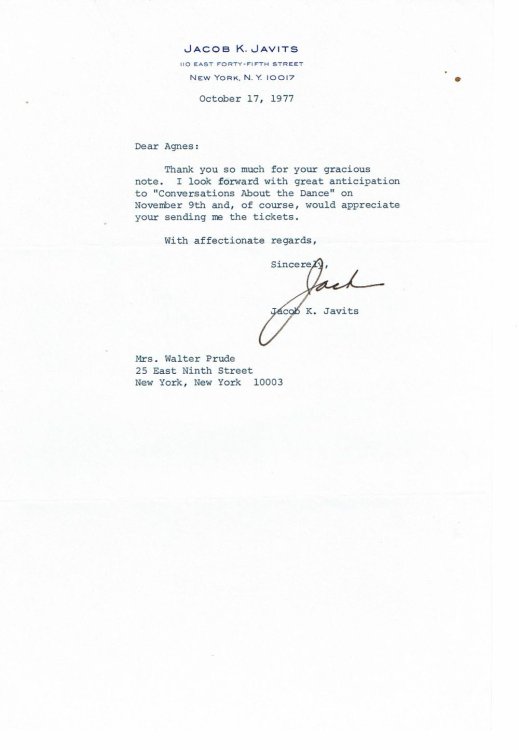 TYPED LETTER SIGNED by SENATOR JACOB K. JAVITS to the American dancer & choreographer AGNES DE MILLE.