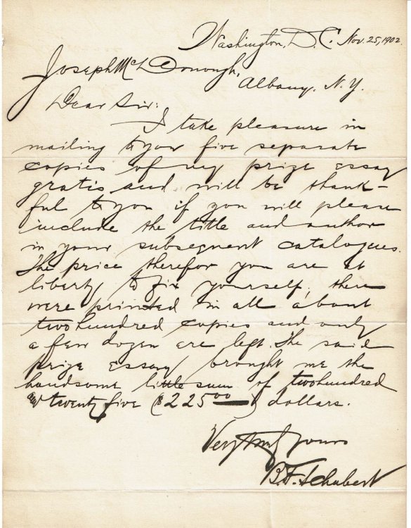 AUTOGRAPH LETTER SIGNED by the author of a Georgetown University prize essay on law B.F. SCHUBERT.