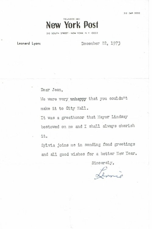 TYPED LETTER SIGNED by the American newspaper columnist LEONARD LYONS.