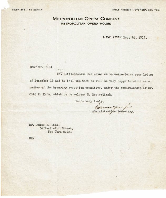 TYPED LETTER SIGNED by the American music critic & opera manager EDWARD ZIEGLER as Administrative Secretary of the METROPOLITAN OPERA COMPANY.