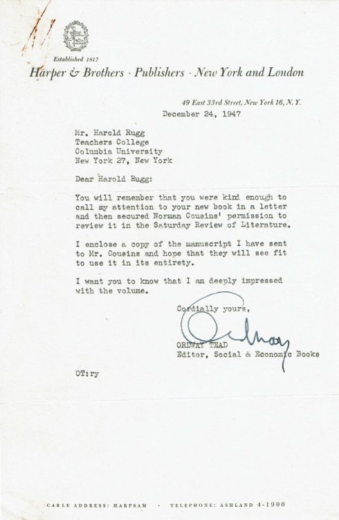 TYPED LETTER SIGNED by ORDWAY TEAD as editor of Social & Economic Books at Harper & Brothers to the EDUCATION PIONEER HAROLD RUGG.
