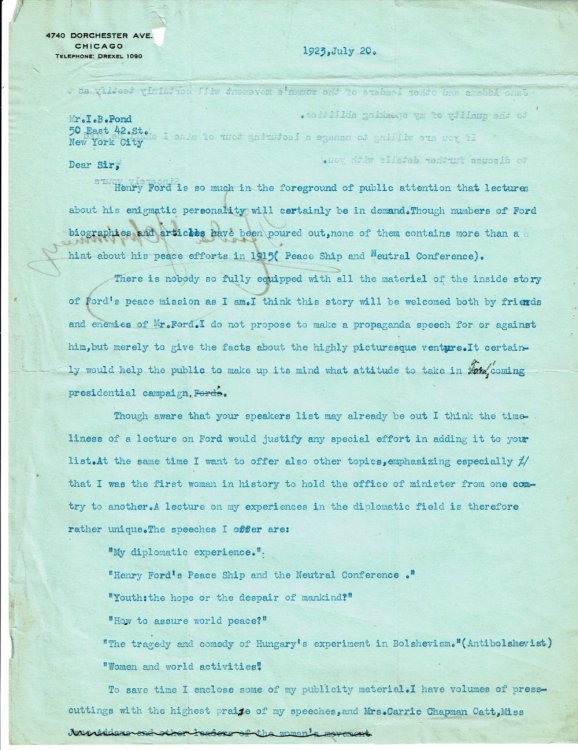 TYPED LETTER, BOLDLY SIGNED by the Hungarian-born Feminist & Pacifist ROSIKA SCHWIMMER, making mention of Henry Ford's 1915 Peace Ship expedition which she initially led.
