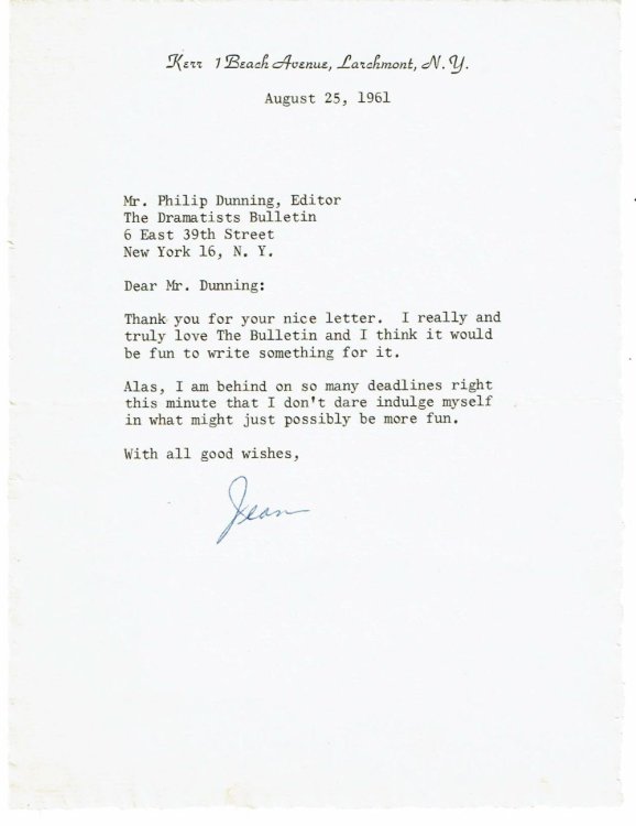 TYPED LETTER TO THE EDITOR OF THE DRAMATISTS BULLETIN SIGNED BY PLAYWRIGHT AND AUTHOR OF 