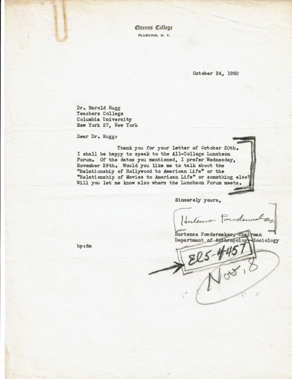 TYPED LETTER TO EDUCATOR HAROLD RUGG SIGNED BY AMERICAN ANTHROPOLOGIST HORTENSE POWDERMAKER, BEST KNOWN FOR HER ETHNOGRAPHIC STUDIES OF RURAL AFRICAN AMERICANS AND OF HOLLYWOOD.
