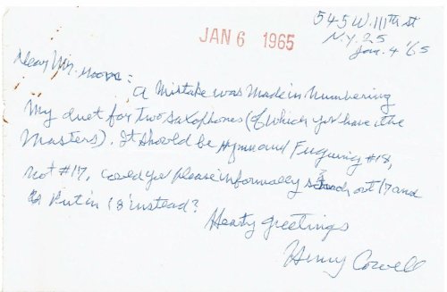 AUTOGRAPH LETTER SIGNED by the American composer HENRY COWELL, correcting an error in the numbering of his HYMN AND FUGUING TUNE NO. 18.