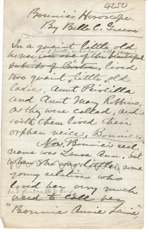 FIRST PAGE OF AN AUTOGRAPH MANUSCRIPT FOR A SHORT STORY BY AMERICAN AUTHOR BELLE C. GREENE.