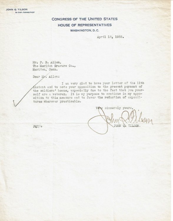 TYPED LETTER TO MERIDEN GRAVURE ABOUT THE BONUS ARMY SIGNED BY CONNECTICUT REPRESENTATIVE JOHN Q. TILSON.