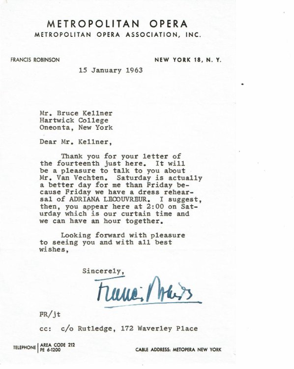 TYPED LETTER ABOUT CARL VAN VECHTEN SIGNED BY FRANCIS ROBINSON, LONGTIME ASSISTANT MANAGER OF THE METROPOLITAN OPERA.