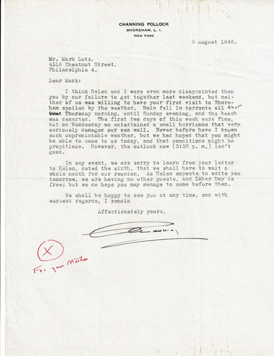 TYPED LETTER TO JOURNALIST MARK LUTZ SIGNED BY PLAYWRIGHT AND SCENARIST CHANNING POLLOCK.