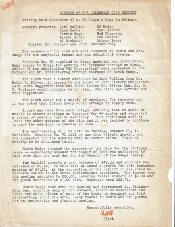 COPY OF THE TYPED MINUTES OF THE COLUMBIAD CLUB MEETING INITIALED TWICE by E. HAROLD HUGO as clerk of the Columbiad Club.